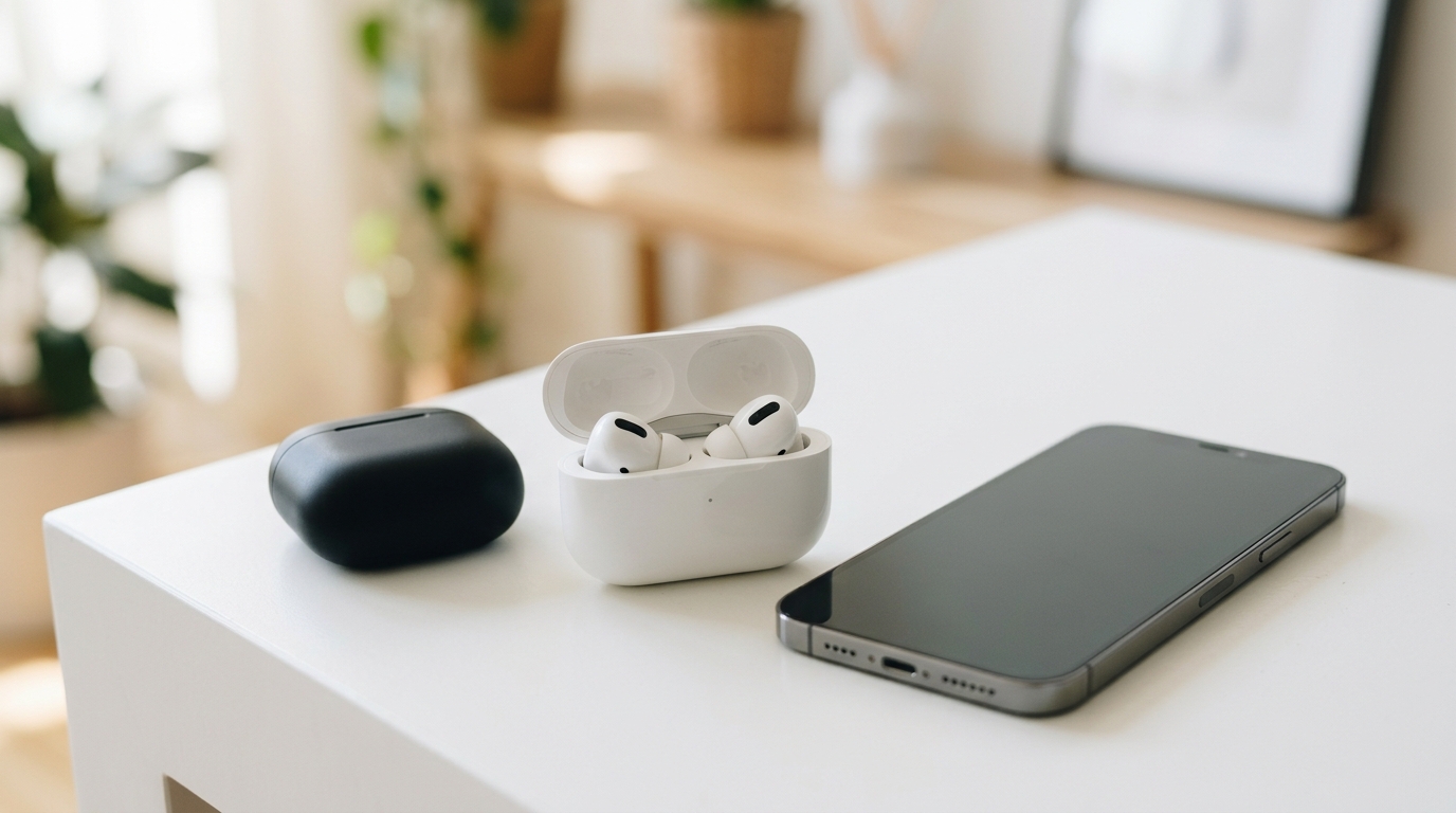 iPhone moderno sobre mesa minimalista ao lado de estojos de fones de ouvido sem fio Bluetooth prontos para pareamento