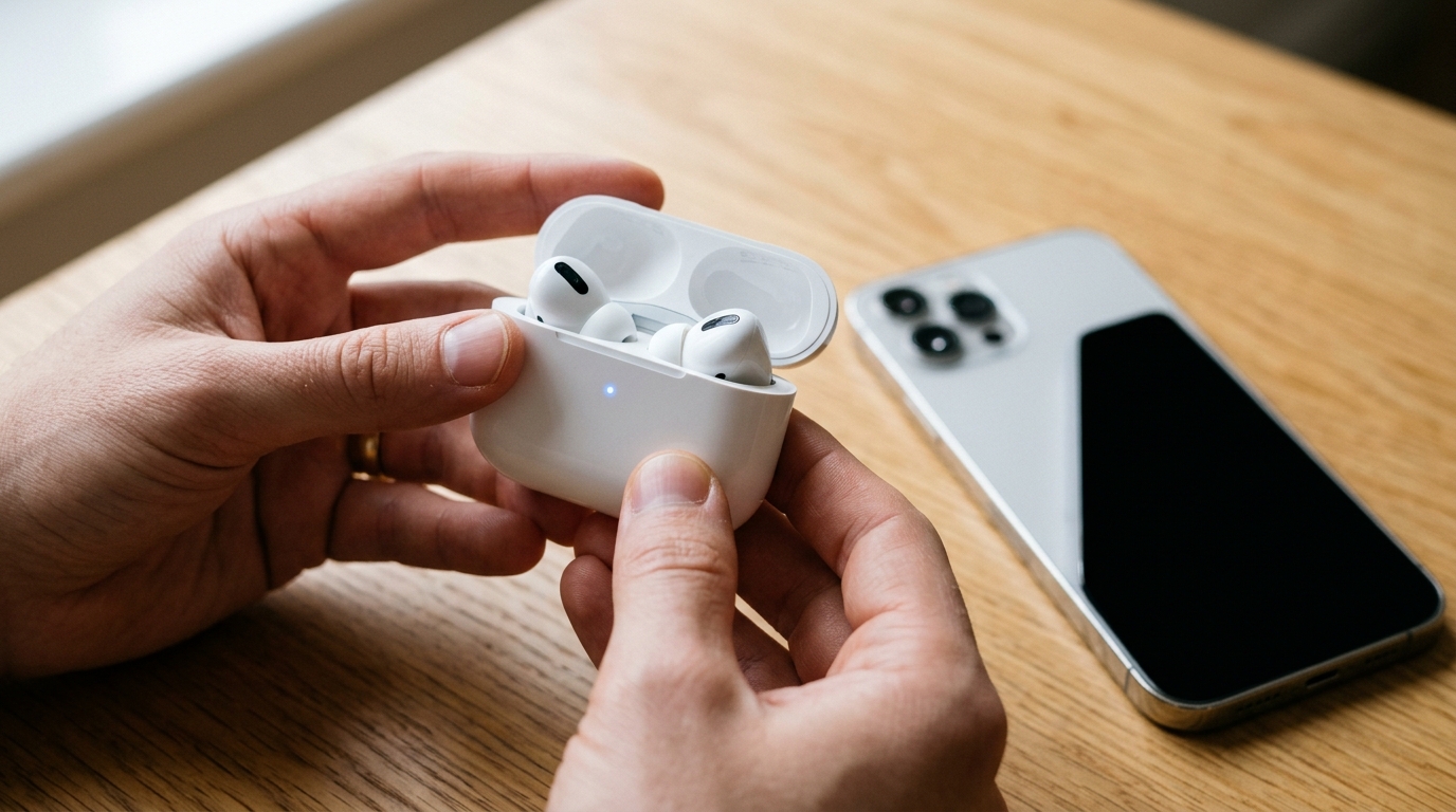 Mãos segurando estojo aberto de fone sem fio com luz LED de pareamento acesa ao lado de um iPhone