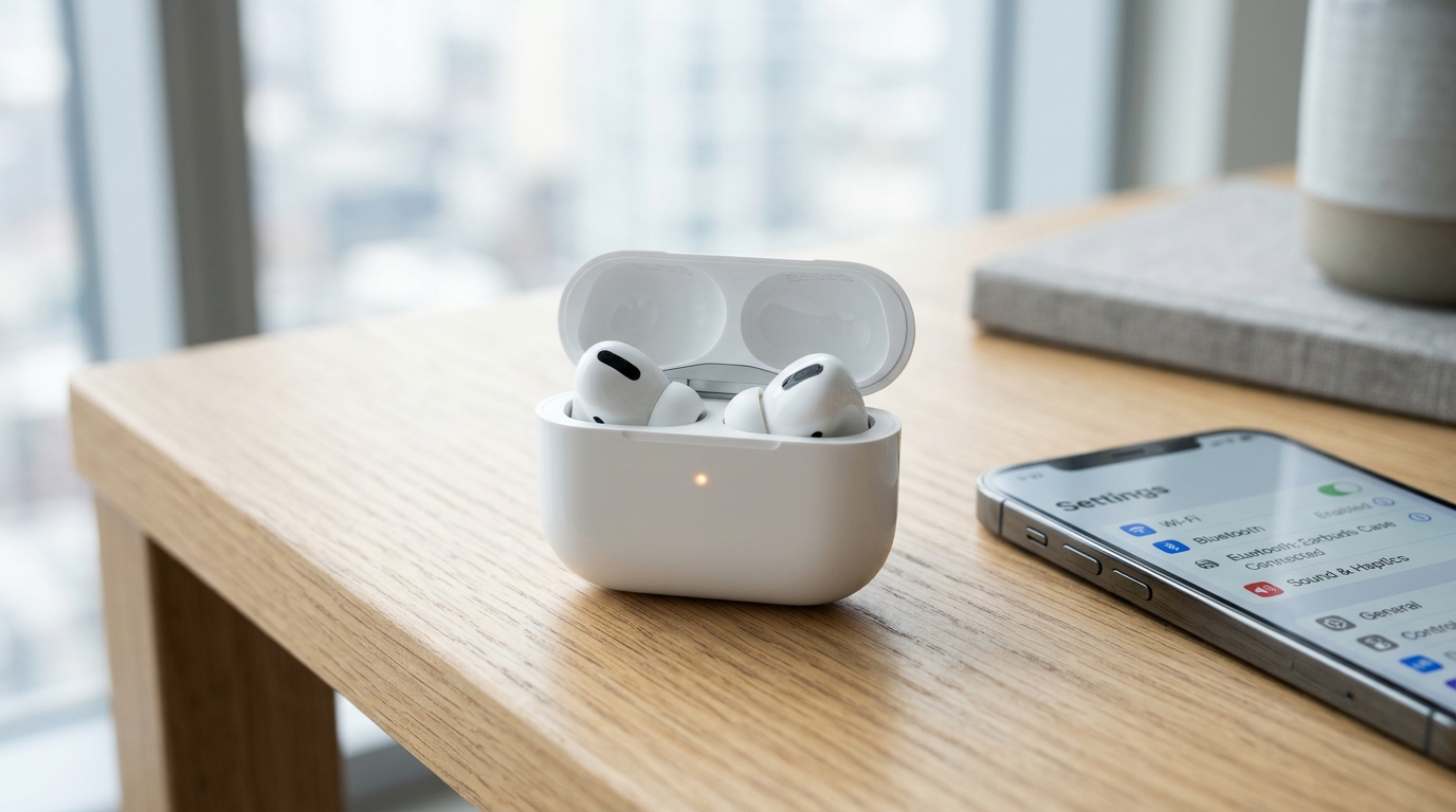 Estojo de recarga de fones AirPods aberto sobre bancada de madeira clara ao lado de smartphone exibindo ajustes técnicos