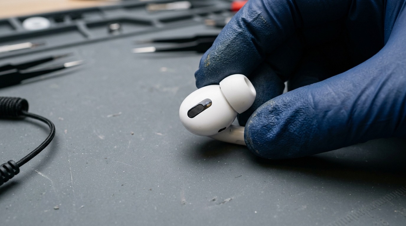 Especialista examinando com lupa as grelhas acústicas e sensores de proximidade de um fone AirPods em bancada técnica