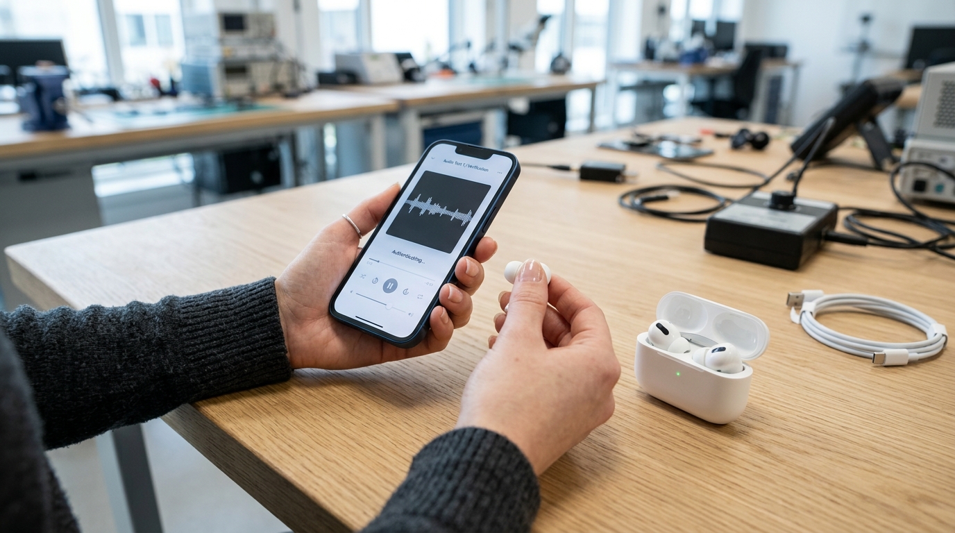 Mãos segurando um iPhone com os menus de personalização de áudio dos AirPods abertos ao lado do estojo