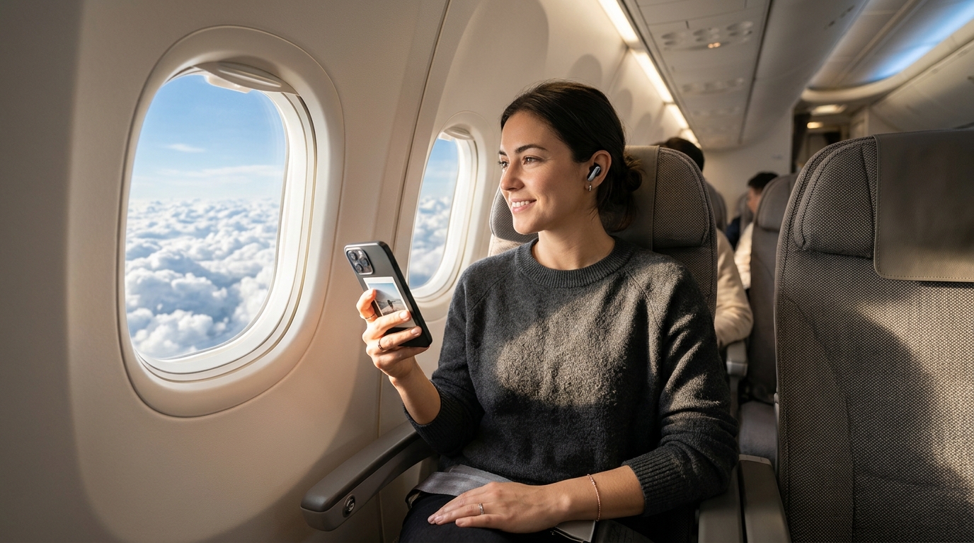 Passageiro na janela de um avião usando fones de ouvido sem fio enquanto segura o smartphone