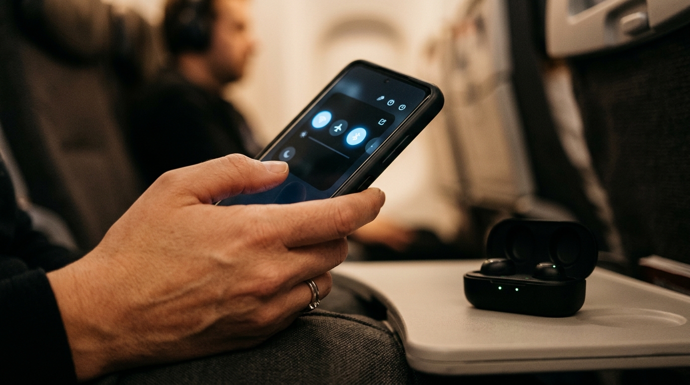 Smartphone com modo avião ativado e Bluetooth ligado ao lado do estojo de fones sem fio na bandeja da poltrona