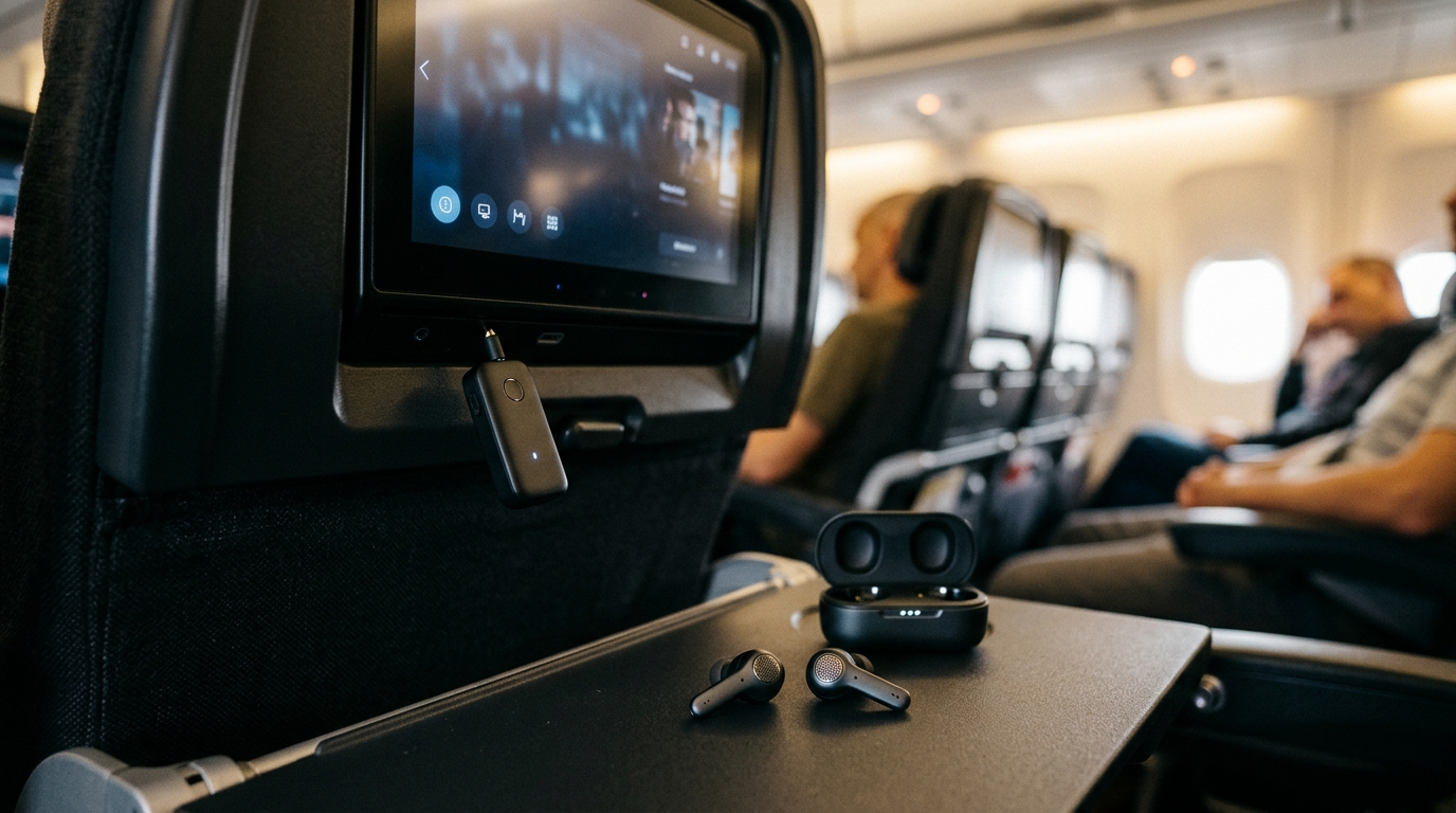 Adaptador transmissor Bluetooth plugado na entrada de áudio da tela do avião com fones sem fio ao lado